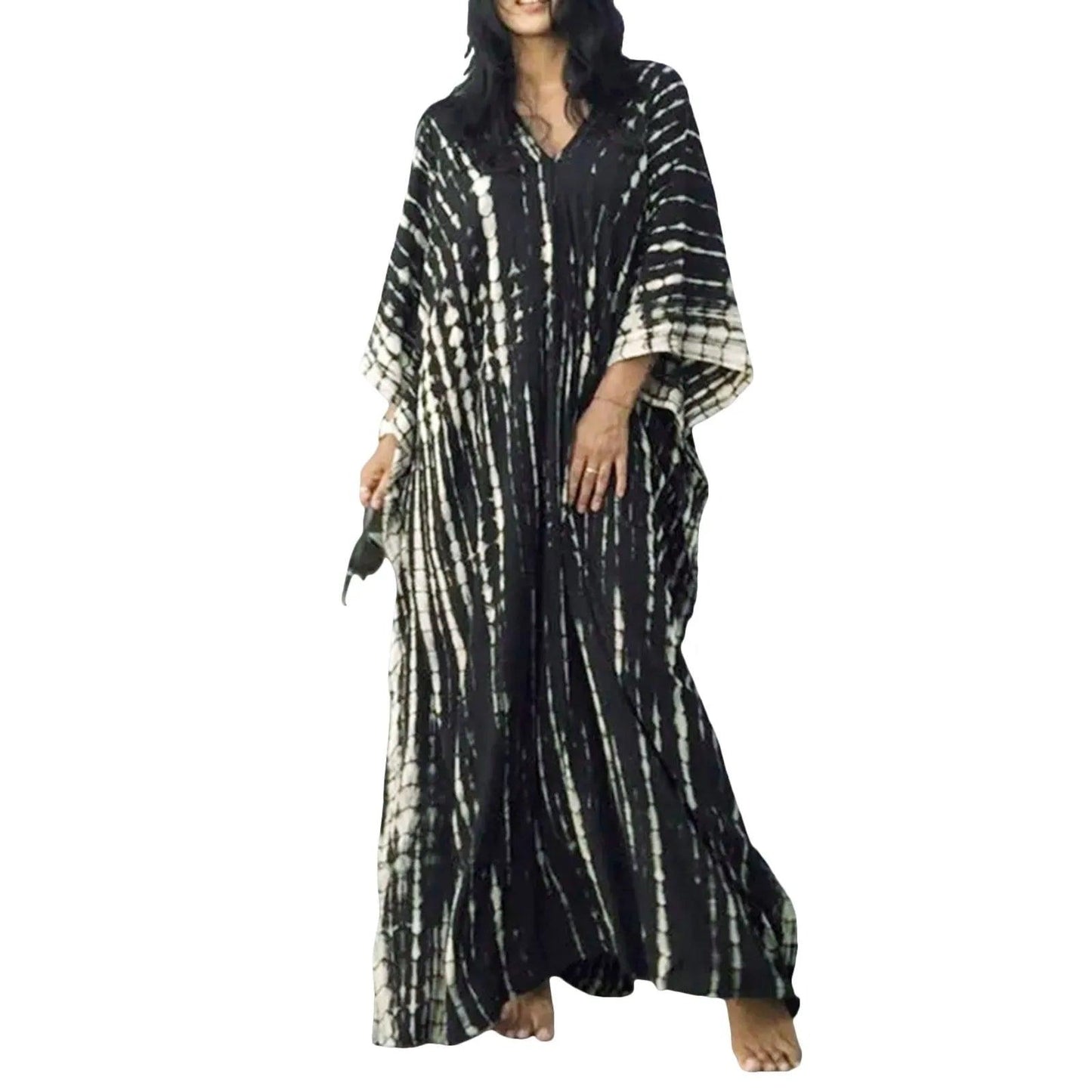 Boho Printed Kaftan Casual Summer Dresses 2024 Women plus Size V - Neck Batwing Sleeve Beach Wear Maxi Dresses Loose Robe Sarong - Balance Beat