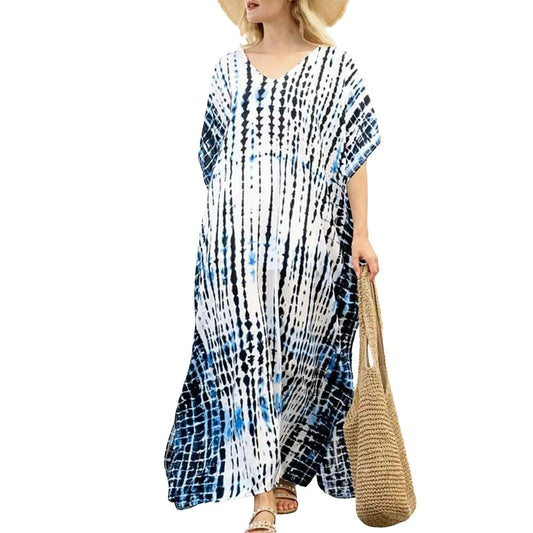 Boho Printed Kaftan Casual Summer Dresses 2024 Women plus Size V - Neck Batwing Sleeve Beach Wear Maxi Dresses Loose Robe Sarong - Balance Beat