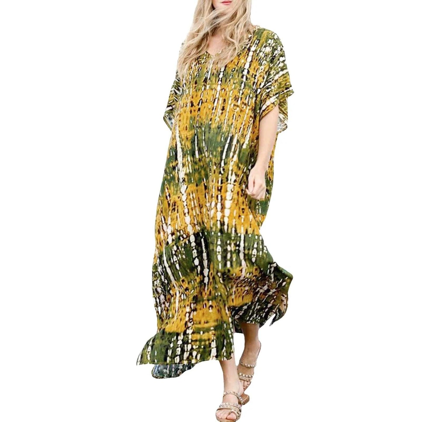 Boho Printed Kaftan Casual Summer Dresses 2024 Women plus Size V - Neck Batwing Sleeve Beach Wear Maxi Dresses Loose Robe Sarong - Balance Beat