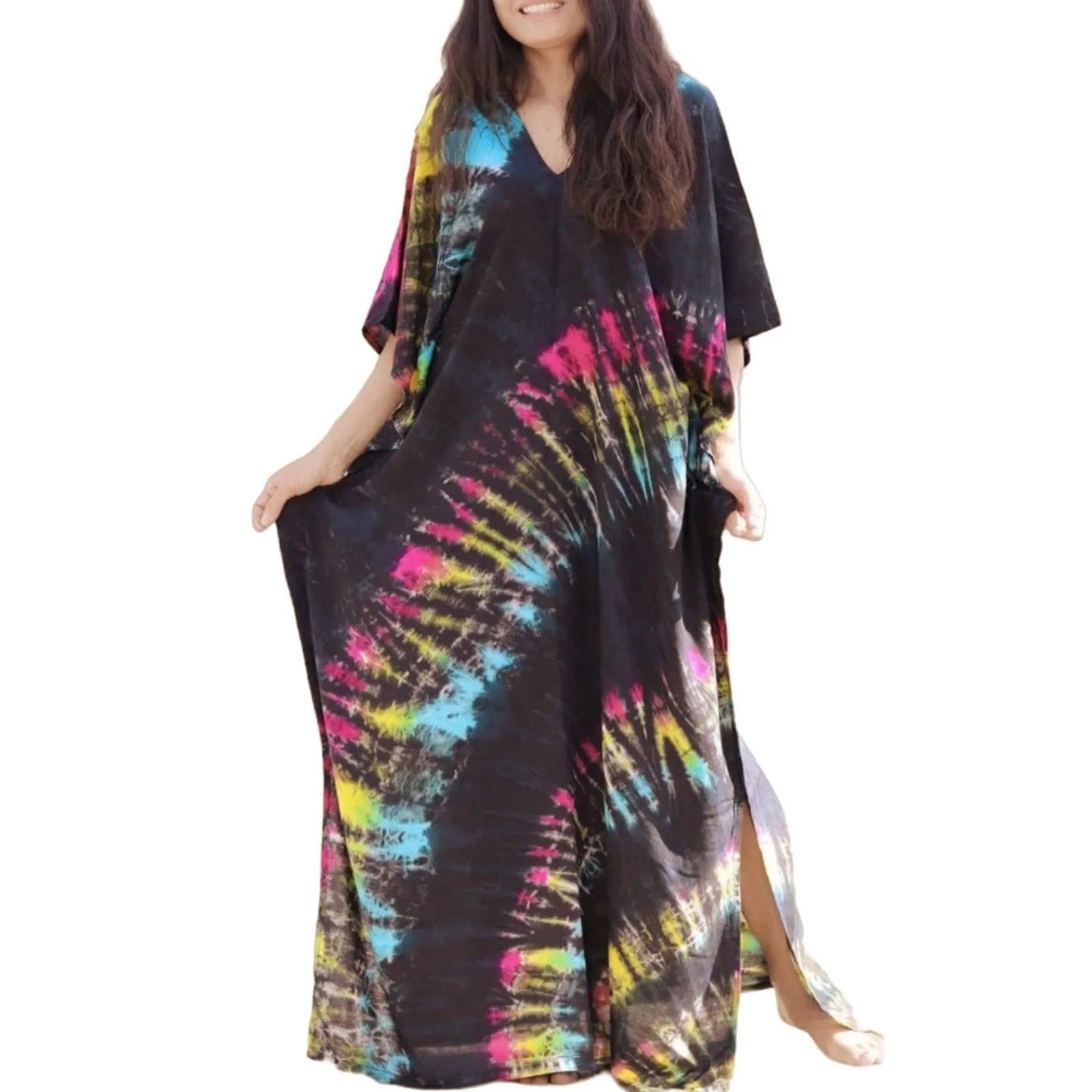 Boho Printed Kaftan Casual Summer Dresses 2024 Women plus Size V - Neck Batwing Sleeve Beach Wear Maxi Dresses Loose Robe Sarong - Balance Beat