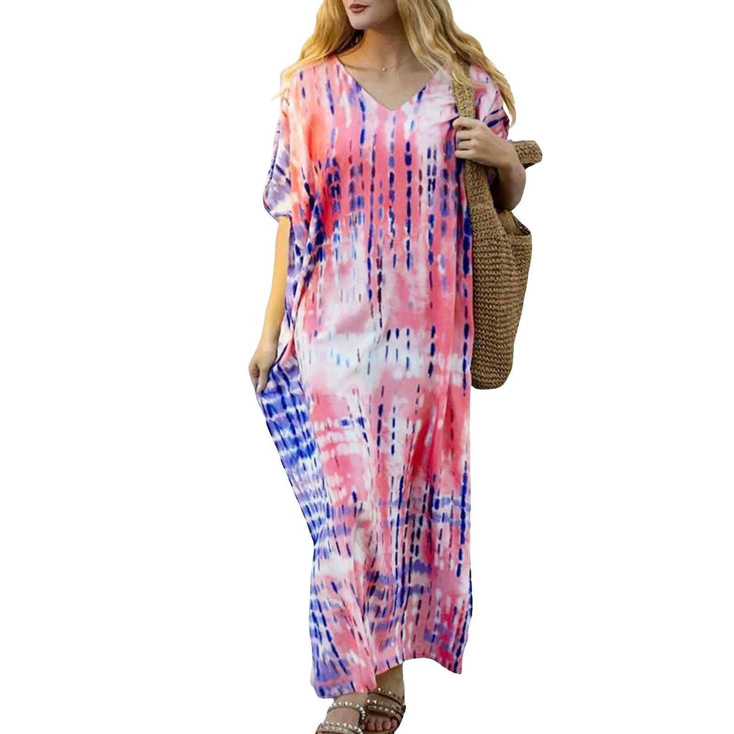 Boho Printed Kaftan Casual Summer Dresses 2024 Women plus Size V - Neck Batwing Sleeve Beach Wear Maxi Dresses Loose Robe Sarong - Balance Beat