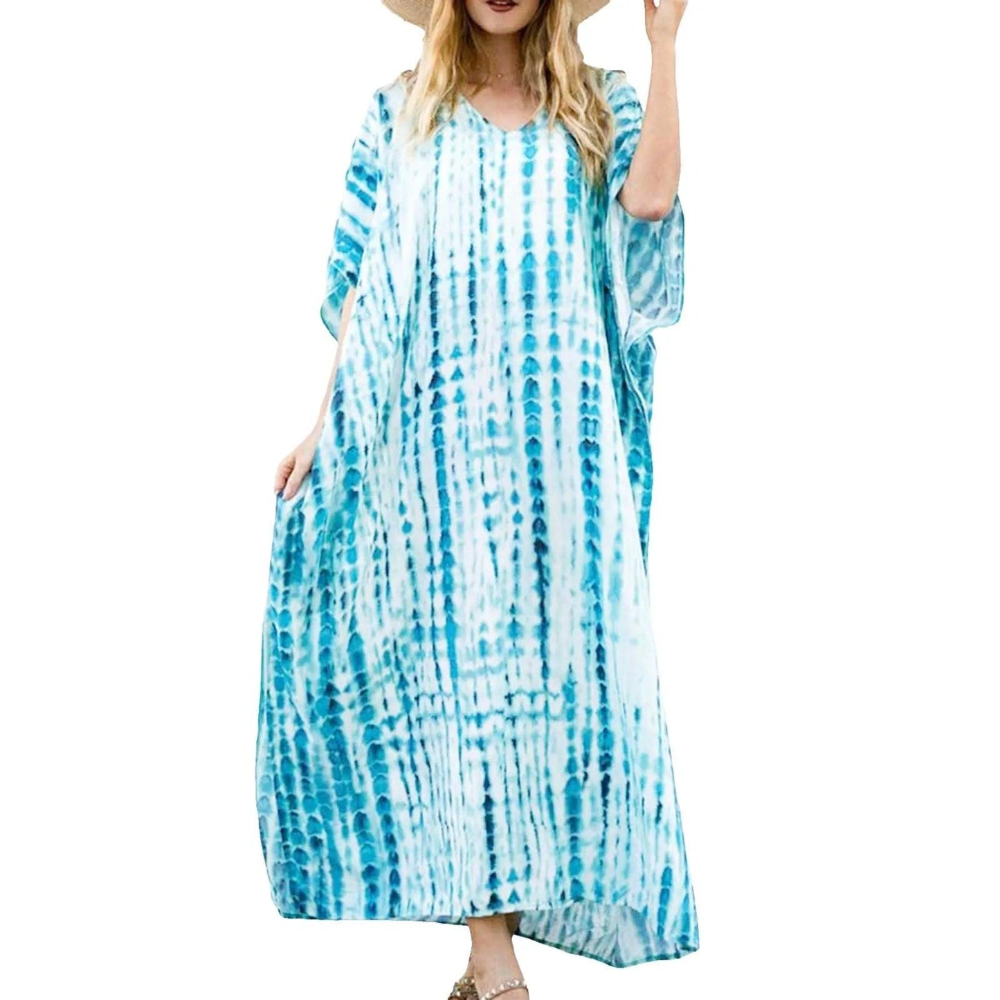 Boho Printed Kaftan Casual Summer Dresses 2024 Women plus Size V - Neck Batwing Sleeve Beach Wear Maxi Dresses Loose Robe Sarong - Balance Beat