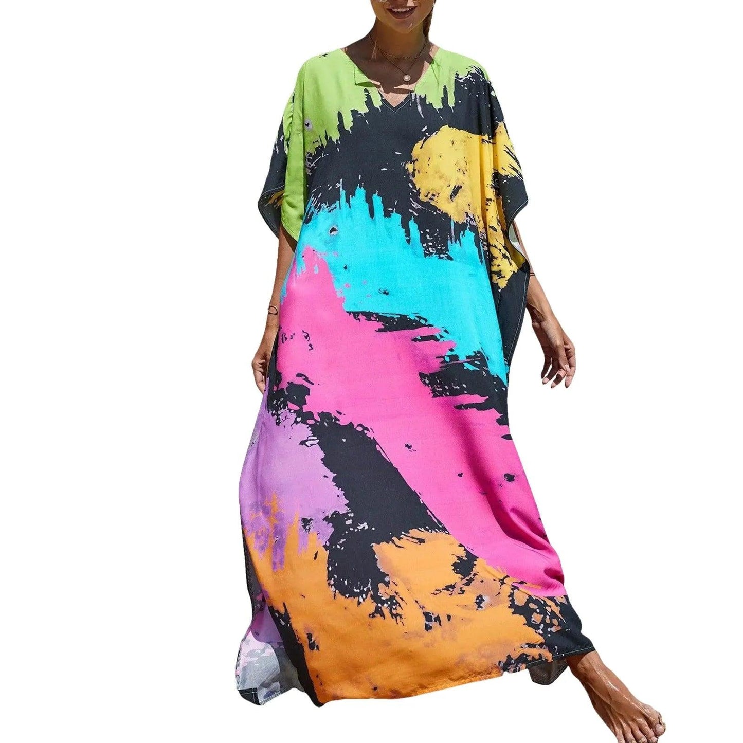 Boho Printed Kaftan Casual Summer Dresses 2024 Women plus Size V - Neck Batwing Sleeve Beach Wear Maxi Dresses Loose Robe Sarong - Balance Beat