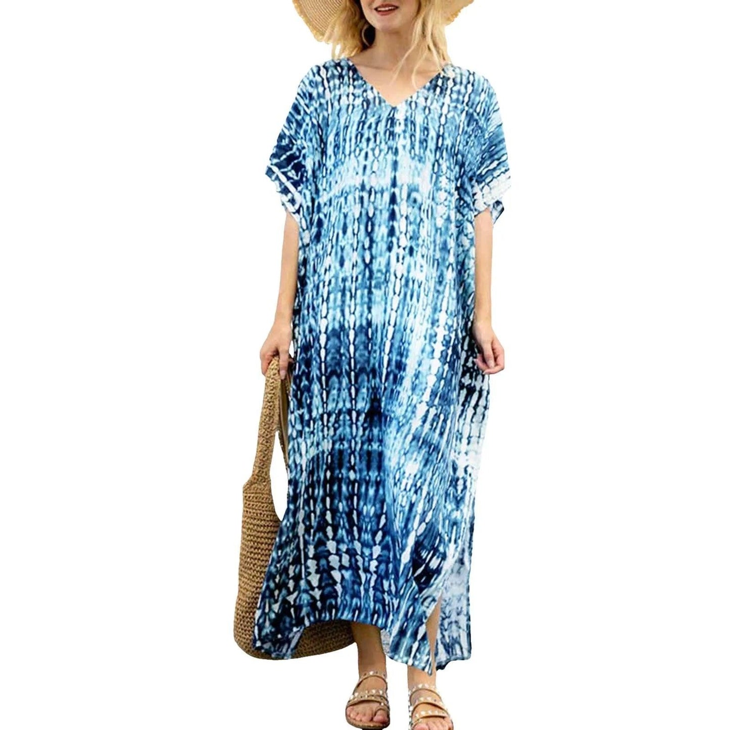 Boho Printed Kaftan Casual Summer Dresses 2024 Women plus Size V - Neck Batwing Sleeve Beach Wear Maxi Dresses Loose Robe Sarong - Balance Beat