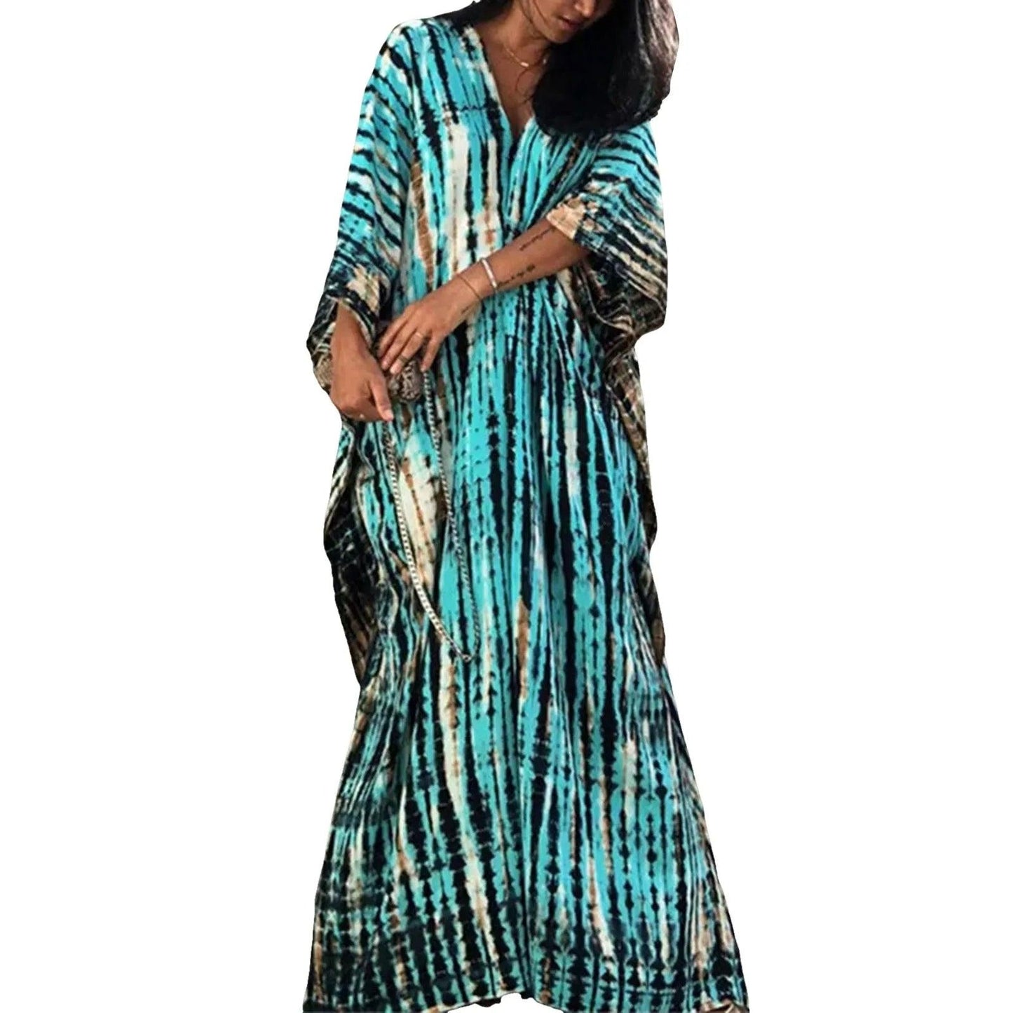 Boho Printed Kaftan Casual Summer Dresses 2024 Women plus Size V - Neck Batwing Sleeve Beach Wear Maxi Dresses Loose Robe Sarong - Balance Beat