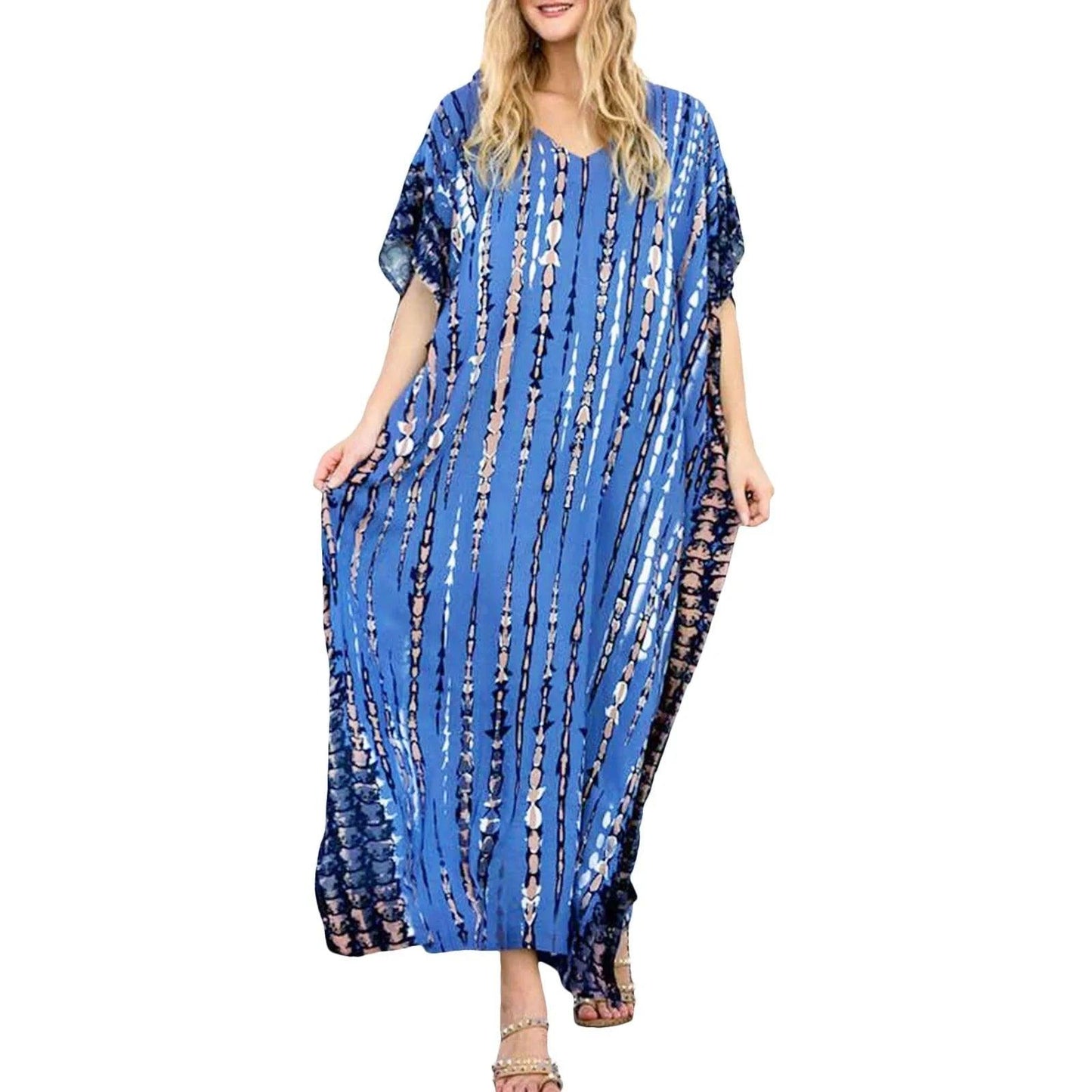 Boho Printed Kaftan Casual Summer Dresses 2024 Women plus Size V - Neck Batwing Sleeve Beach Wear Maxi Dresses Loose Robe Sarong - Balance Beat