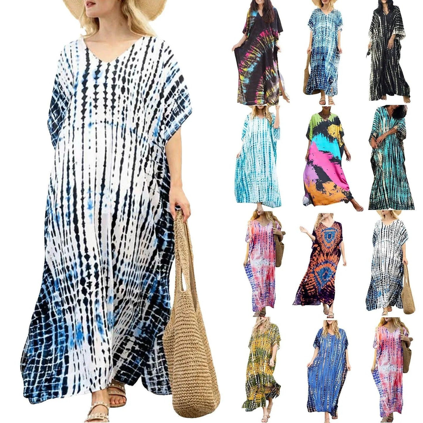 Boho Printed Kaftan Casual Summer Dresses 2024 Women plus Size V - Neck Batwing Sleeve Beach Wear Maxi Dresses Loose Robe Sarong - Balance Beat