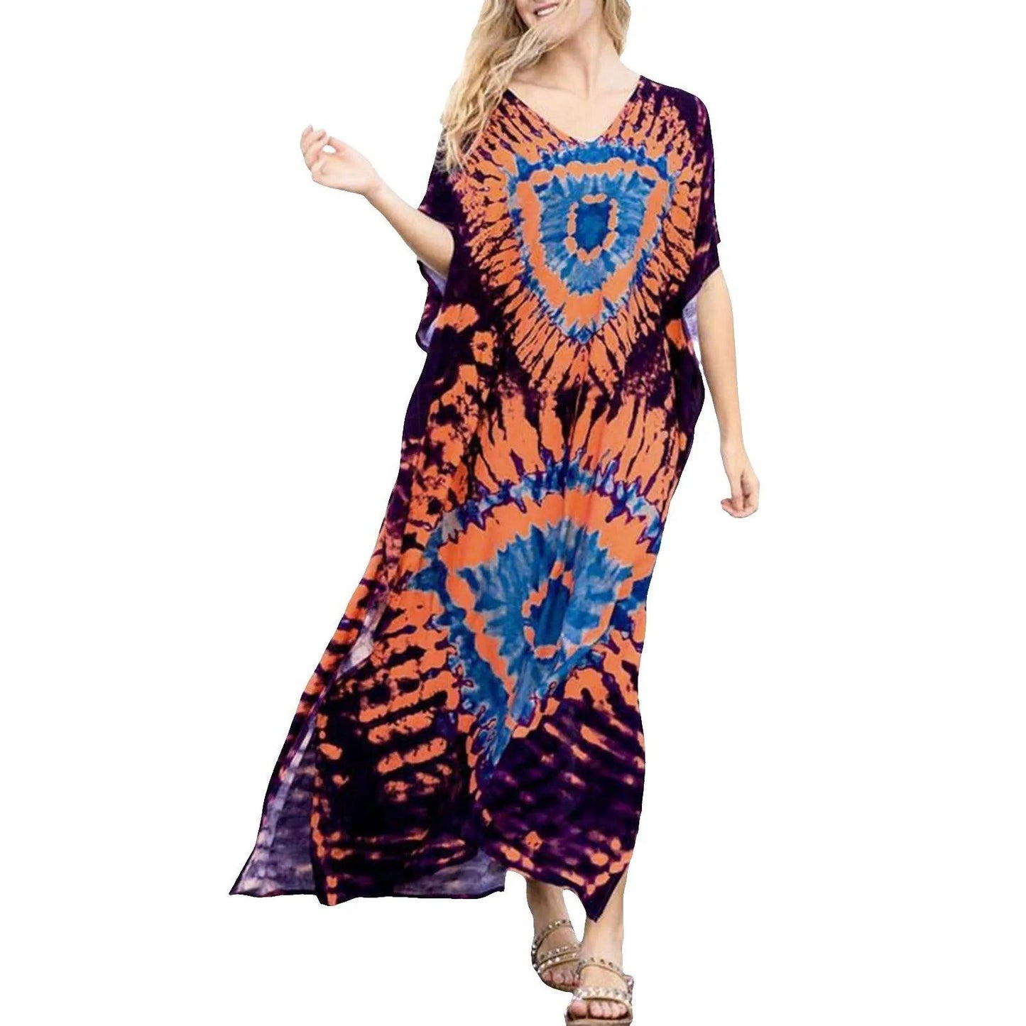 Boho Printed Kaftan Casual Summer Dresses 2024 Women plus Size V - Neck Batwing Sleeve Beach Wear Maxi Dresses Loose Robe Sarong - Balance Beat