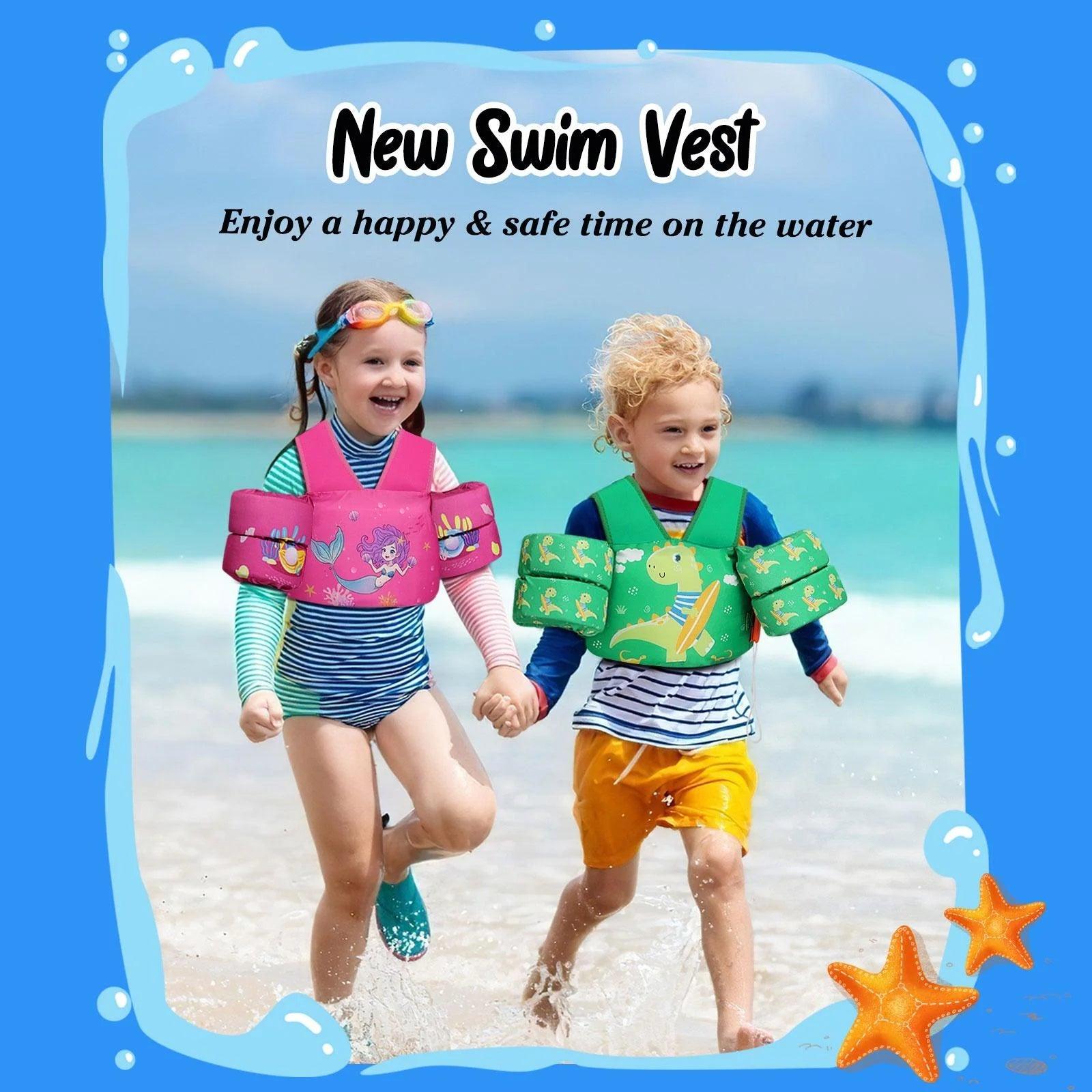 Kids Swim Vest for 25 - 60 Lbs with Whistle, Swimming Trainer Floaties Vests with Double Security Buckle for 3 4 5 6 7 8 Years Old Children, Green Dinosaur - Balance Beat