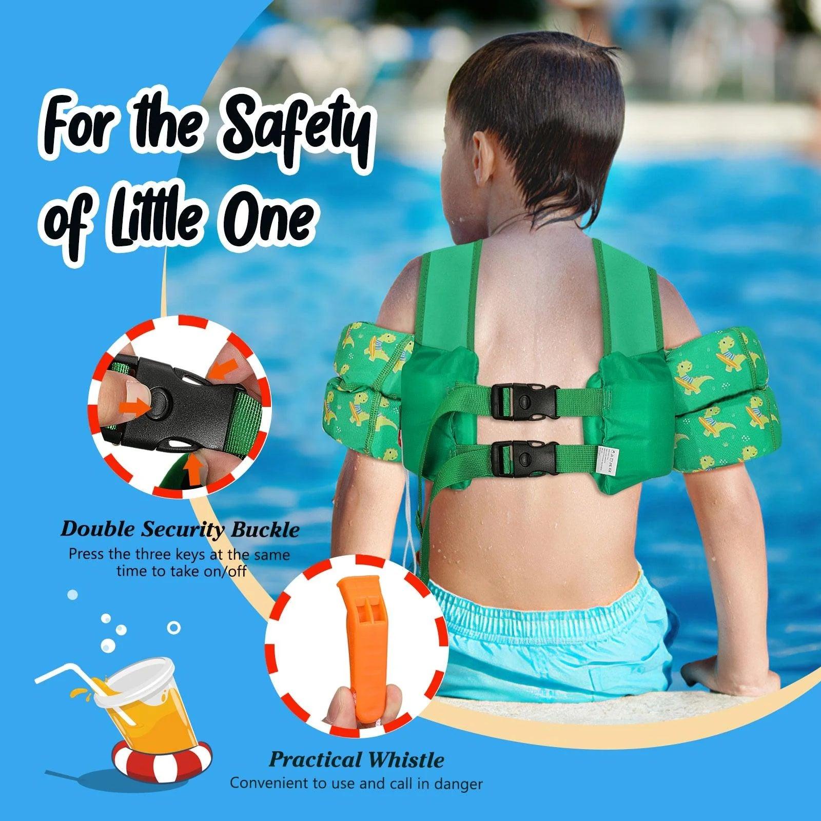 Kids Swim Vest for 25 - 60 Lbs with Whistle, Swimming Trainer Floaties Vests with Double Security Buckle for 3 4 5 6 7 8 Years Old Children, Green Dinosaur - Balance Beat