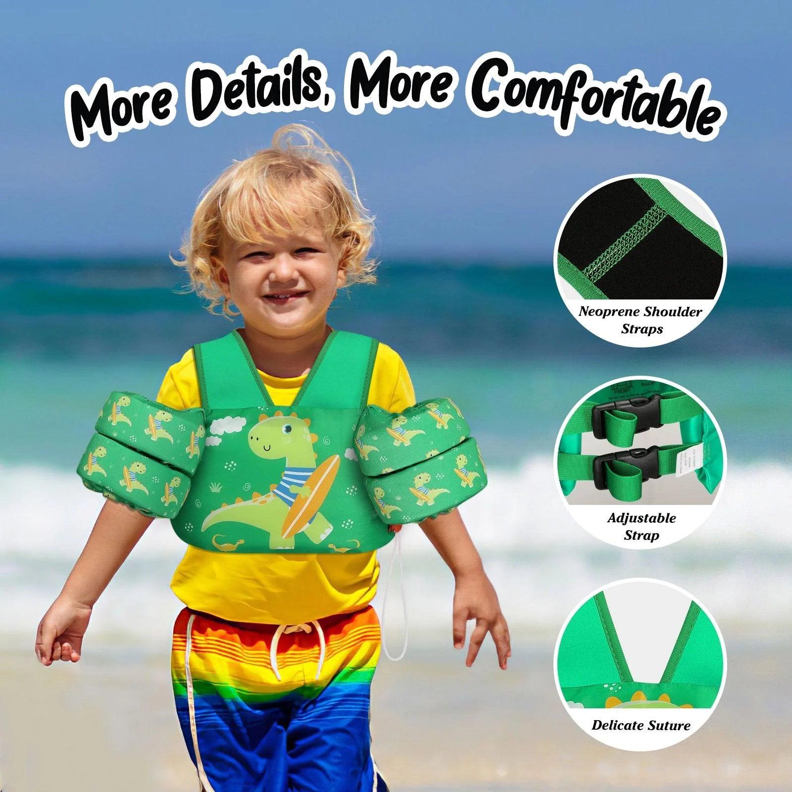 Kids Swim Vest for 25 - 60 Lbs with Whistle, Swimming Trainer Floaties Vests with Double Security Buckle for 3 4 5 6 7 8 Years Old Children, Green Dinosaur - Balance Beat