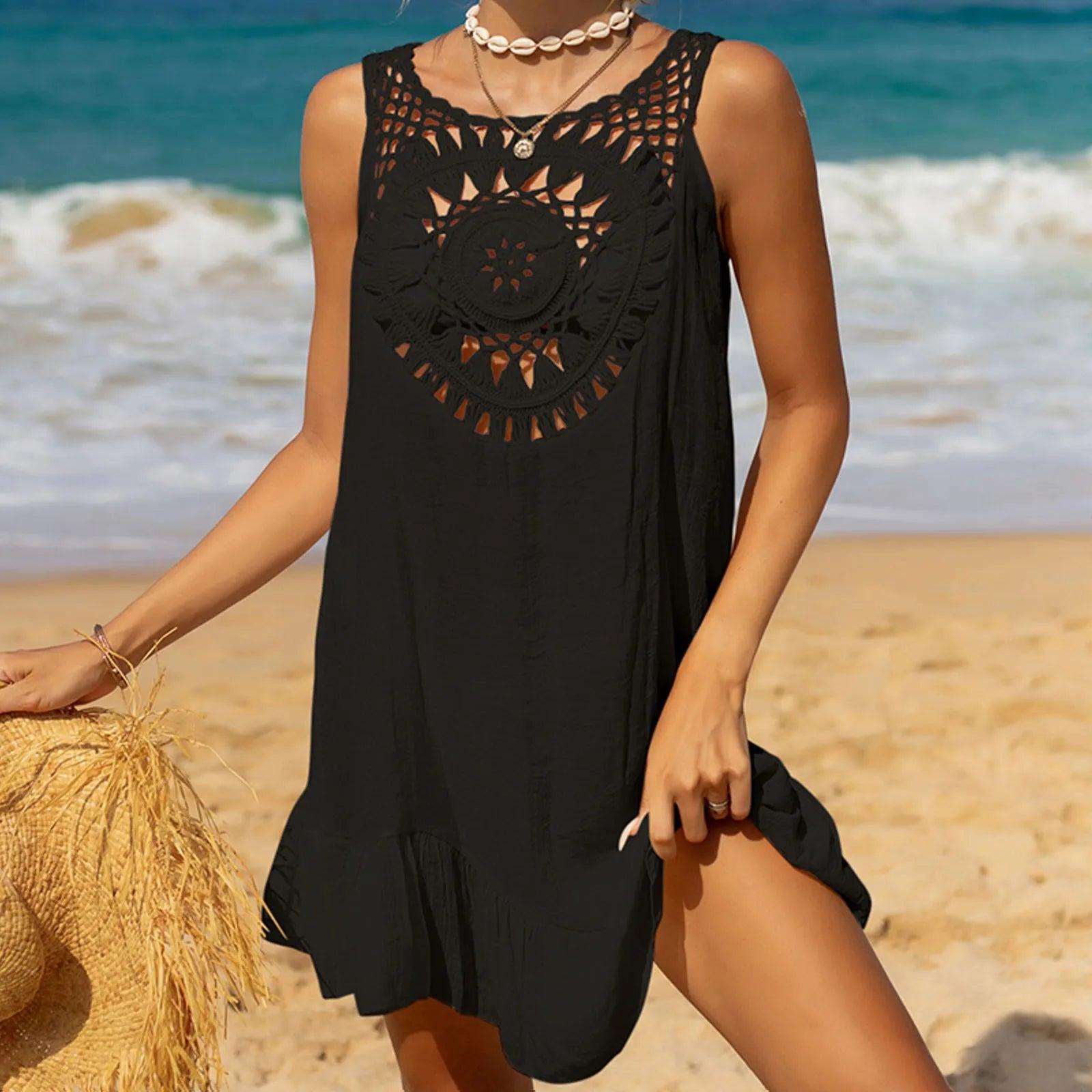 Beach Coverups Women Chic Round Neck Sleeveless Crochet Knit Beach